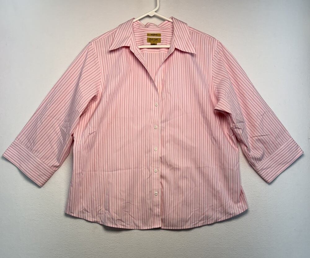 Gold Label Cotton Long Sleeve Button Up Pink Stripe 18W Open V-neck Office Top